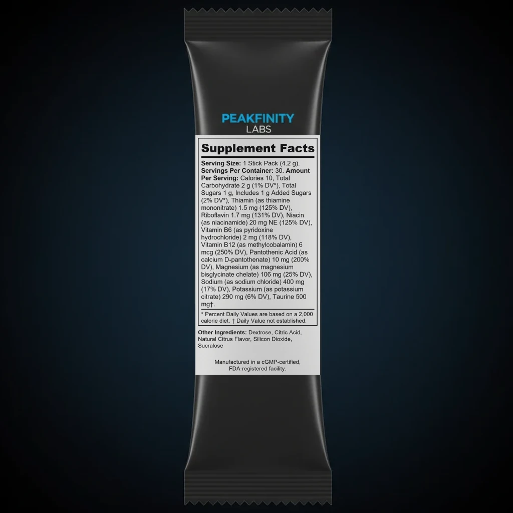 Morning Hydration & B-Vitamin Stick Packs - Citrus back label and ingredient panel