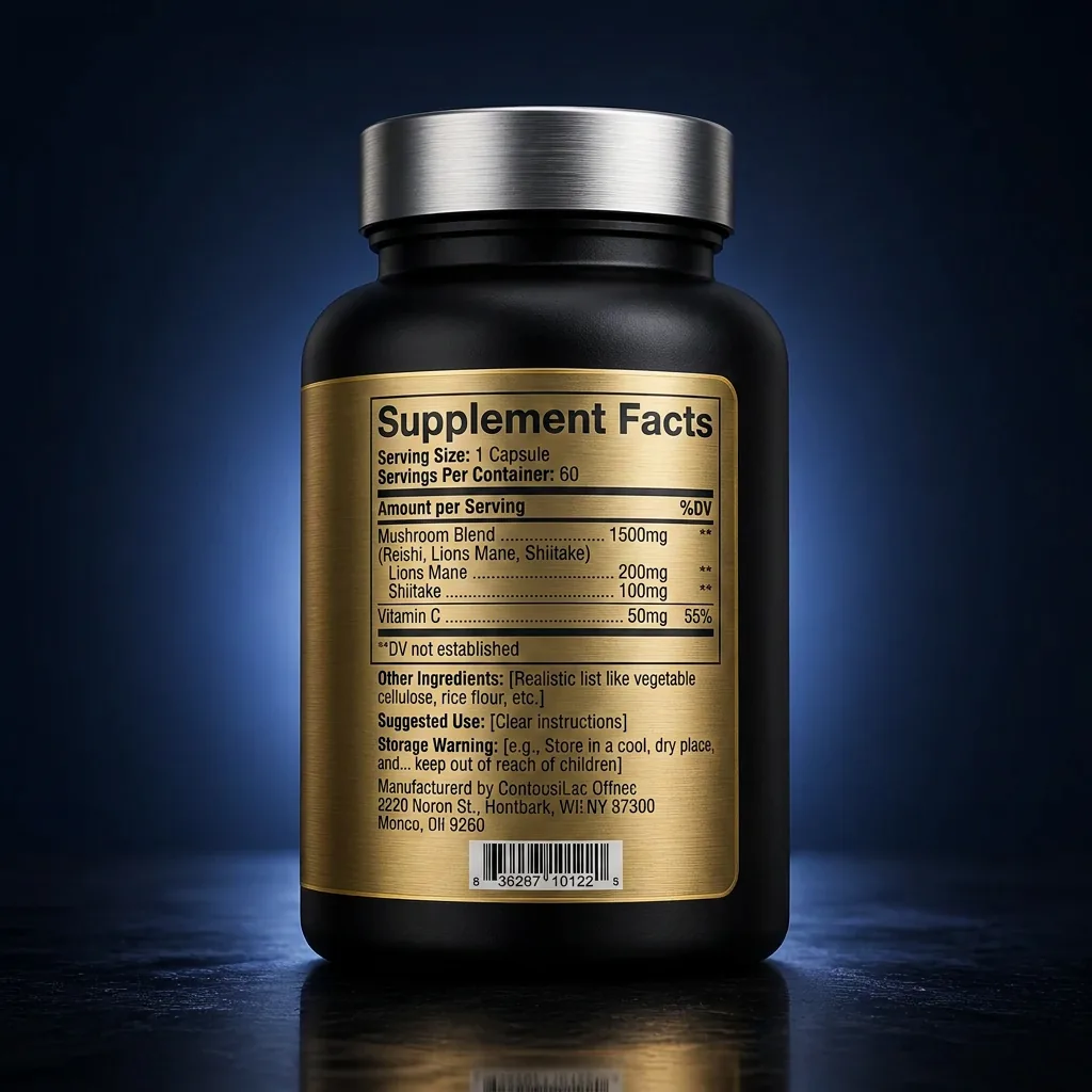 Mushroom Immune Defense Capsules with 4-Mushroom Blend & Zinc — representative back label artwork (Supplement Facts panel)