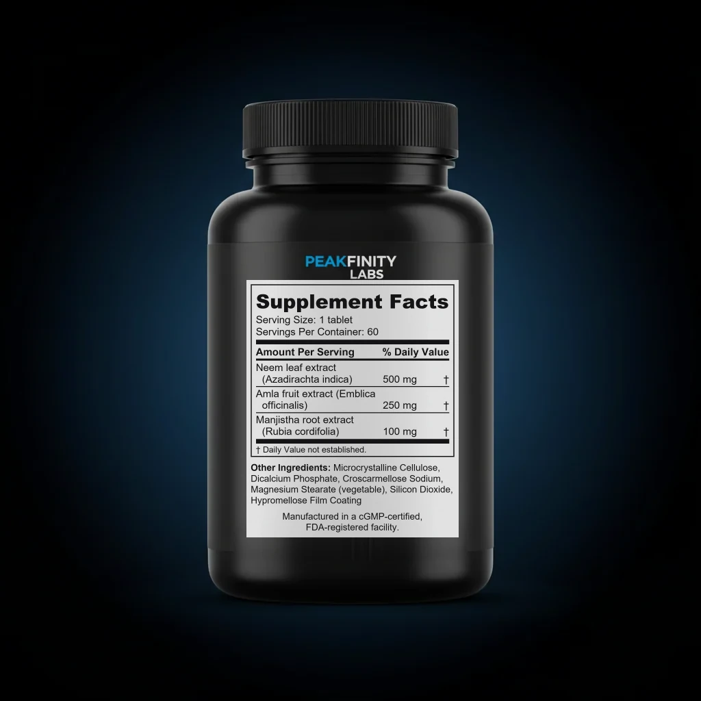 Neem & Amla Skin Clarity Tablets — back label / ingredients panel