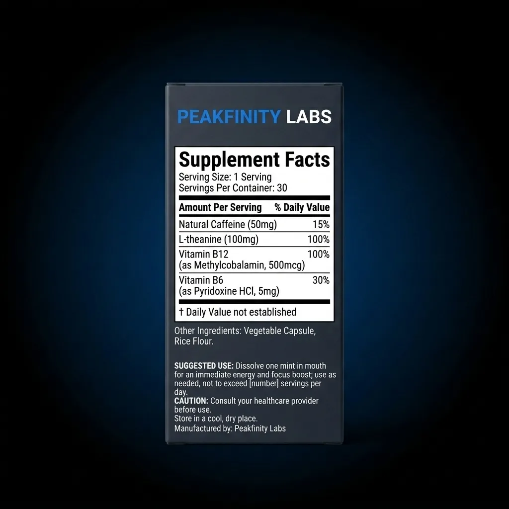 Energy & Focus Mints with Caffeine & B Vitamins — representative back label artwork (Supplement Facts panel)