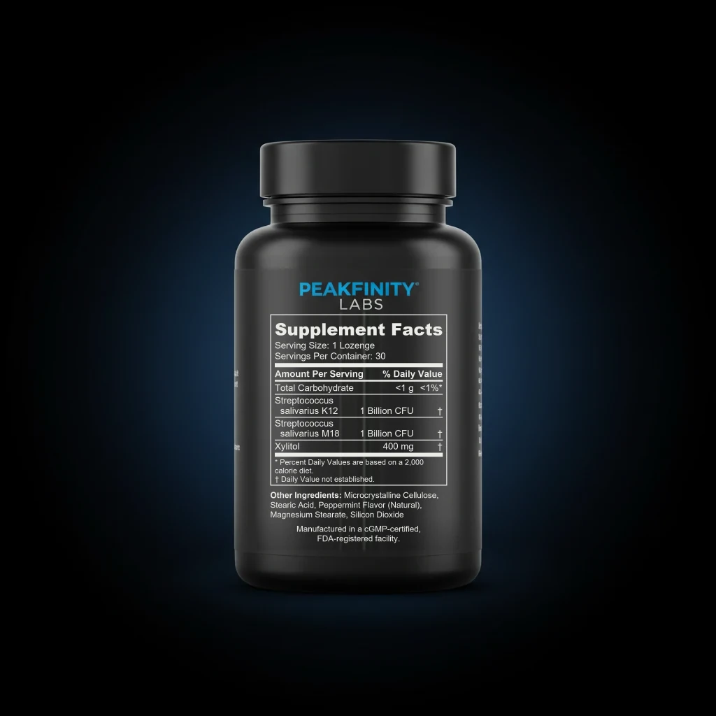 Oral Probiotic Lozenges with S. salivarius K12 - Mint back label and ingredient panel