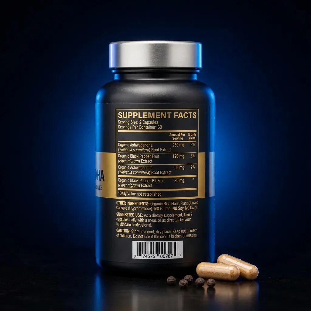 Organic Ashwagandha Root Adaptogen Capsules with Black Pepper — representative back label artwork (Supplement Facts panel)