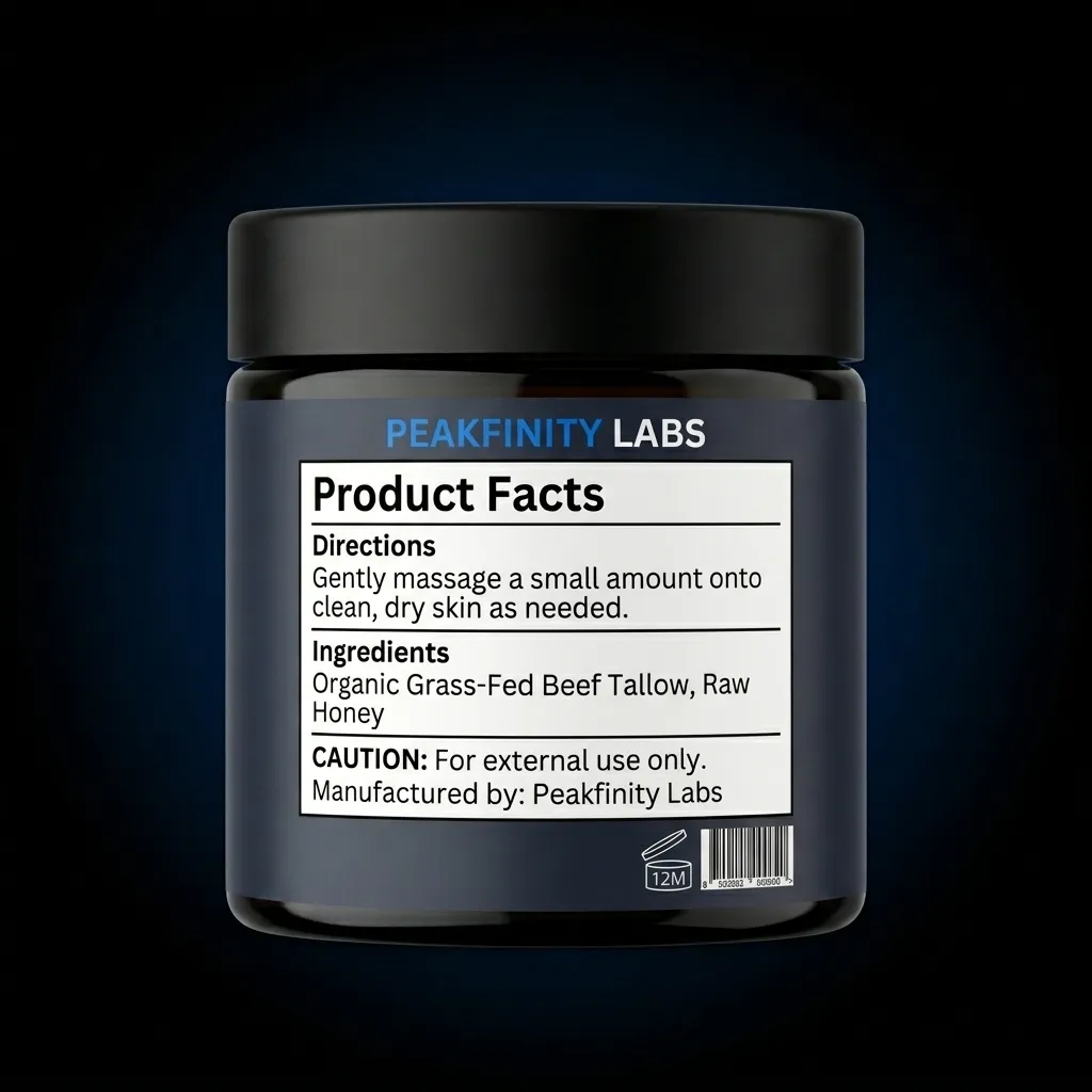 Organic Beef Tallow & Raw Honey Skin Balm — representative back label artwork (Supplement Facts panel)