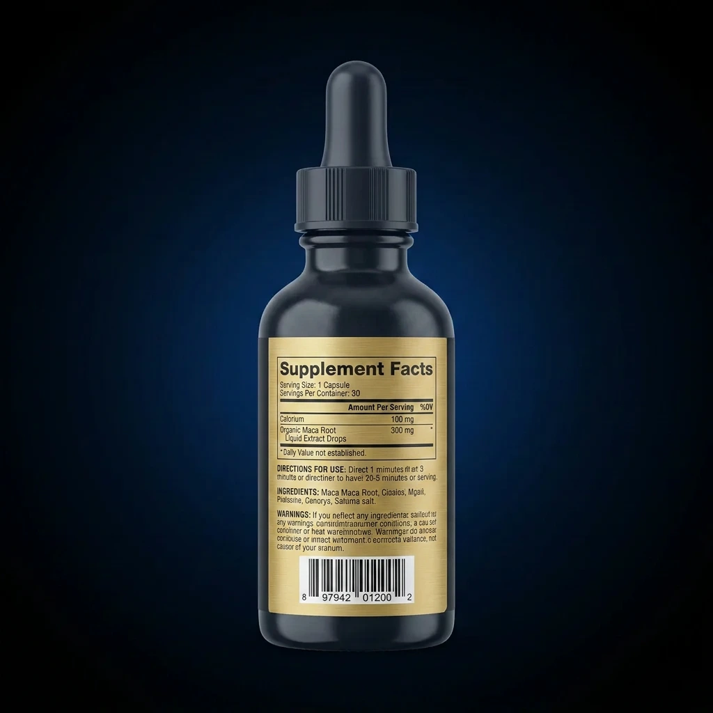 Organic Maca Root Liquid Extract Drops — representative back label artwork (Supplement Facts panel)