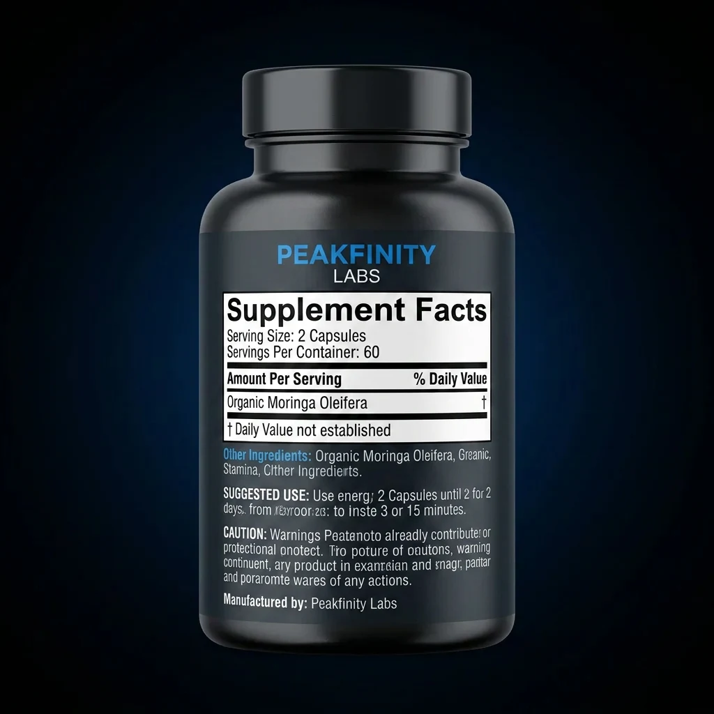Organic Moringa Capsules 1200 mg — representative back label artwork (Supplement Facts panel)