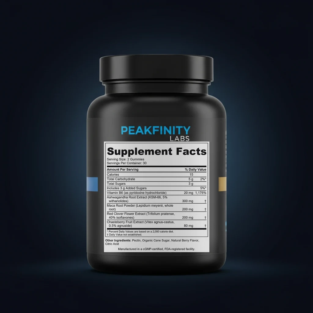 Perimenopause Support Gummies with Ashwagandha, Maca & B6 back label and ingredient panel