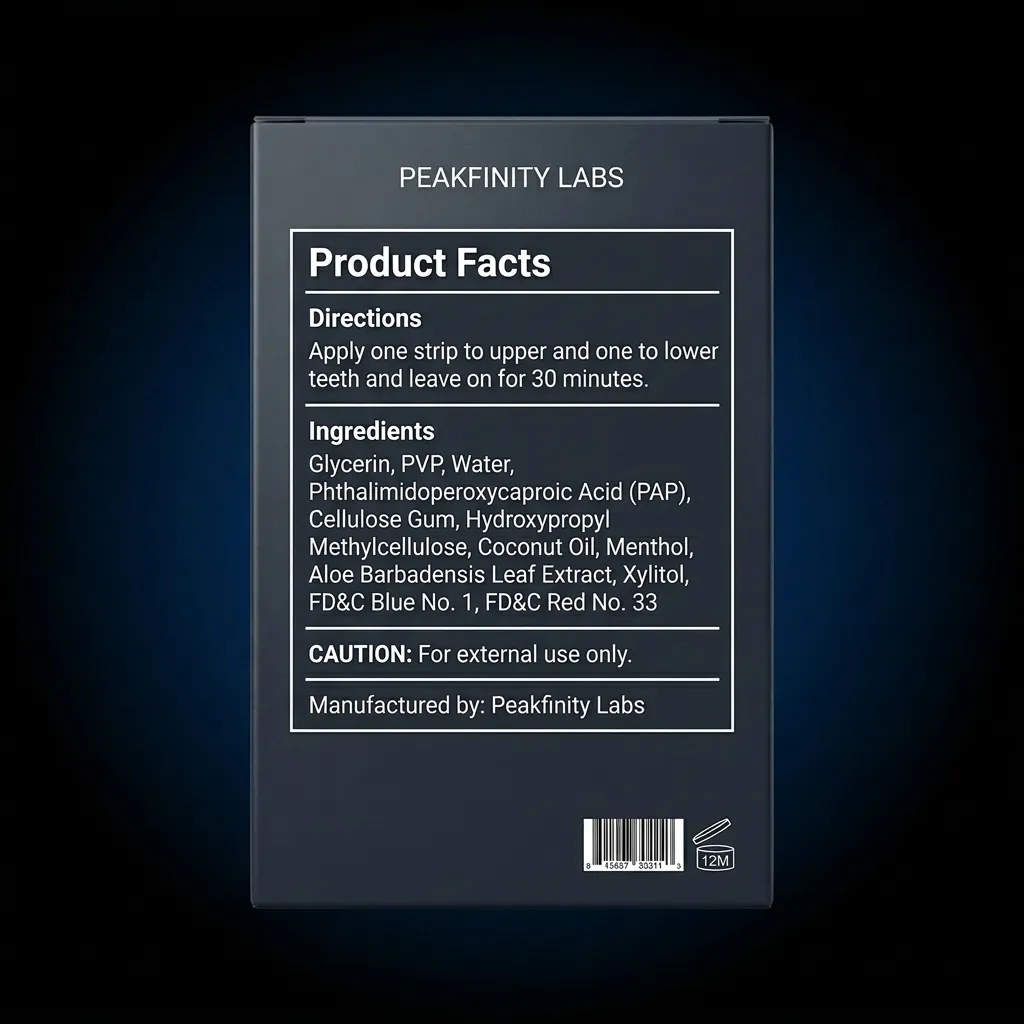 Peroxide-Free Purple Teeth Whitening Strips — representative back label artwork (Supplement Facts panel)