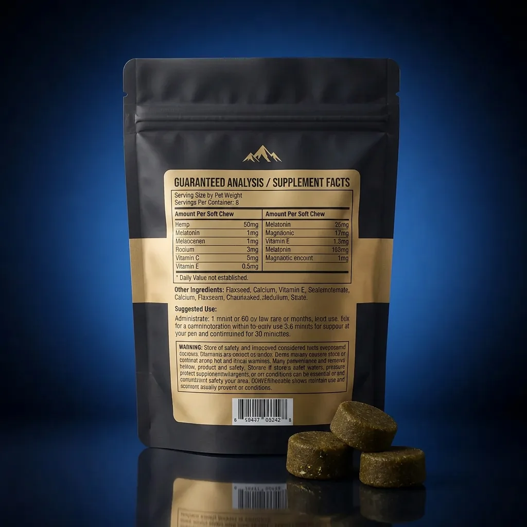 Pet Relaxation Soft Chews with Hemp & Melatonin — representative back label artwork (Supplement Facts panel)