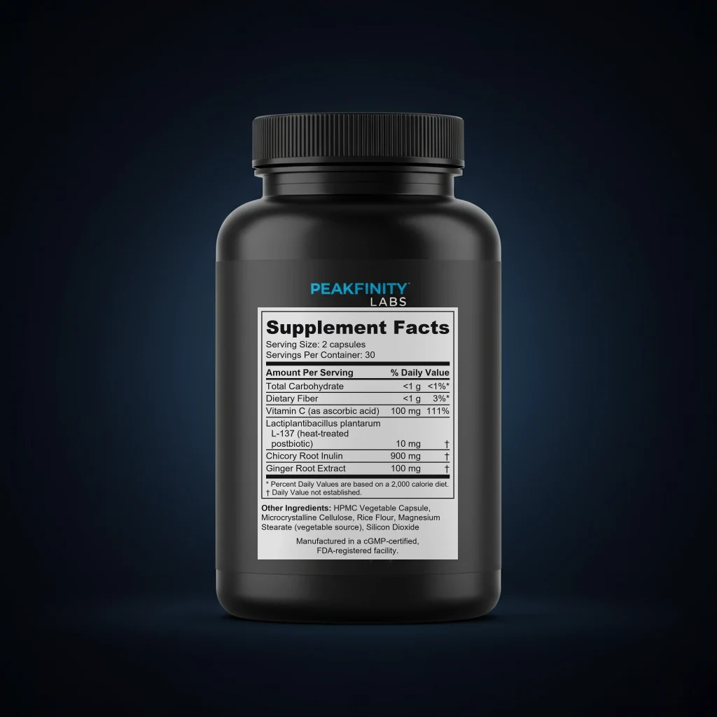 Postbiotic Immune & Gut Capsules with L. plantarum L-137 back label and ingredient panel