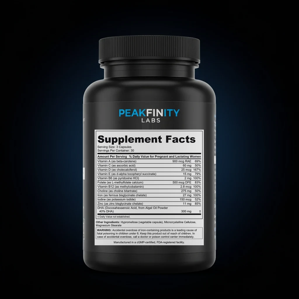 Postnatal Recovery Multivitamin Capsules with Iron & DHA back label and ingredient panel