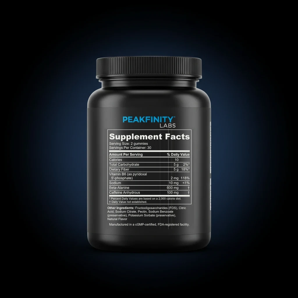 Pre-Workout Energy Gummies with Caffeine & Beta-Alanine back label and ingredient panel