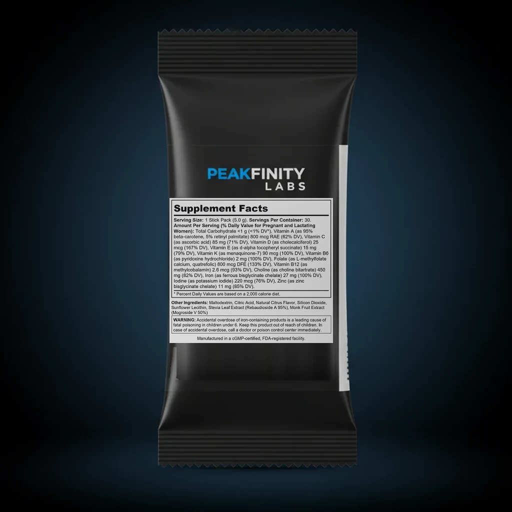 Prenatal Multivitamin Powder Sticks with Methylfolate & Choline back label and ingredient panel