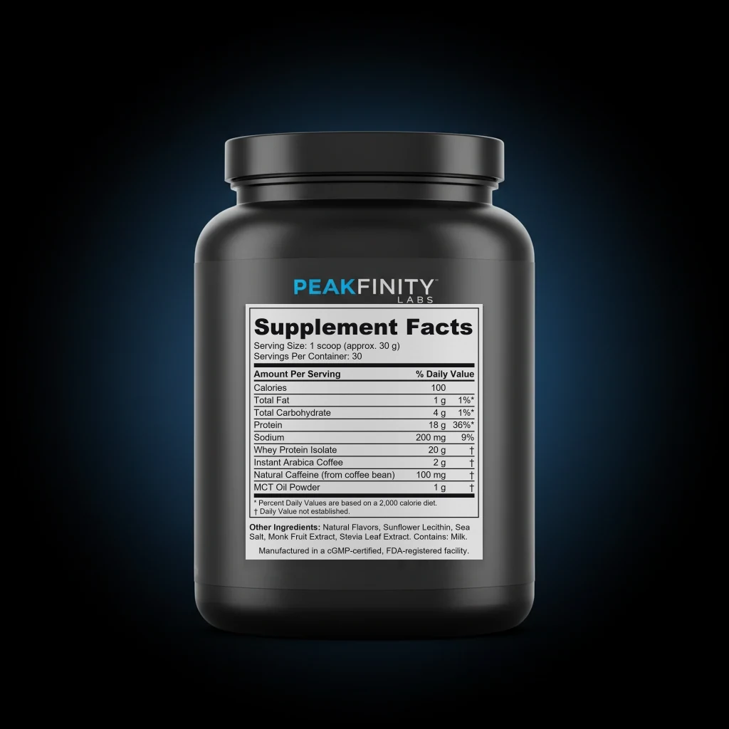 Protein Coffee Instant Blend with 20g Whey Isolate back label and ingredient panel