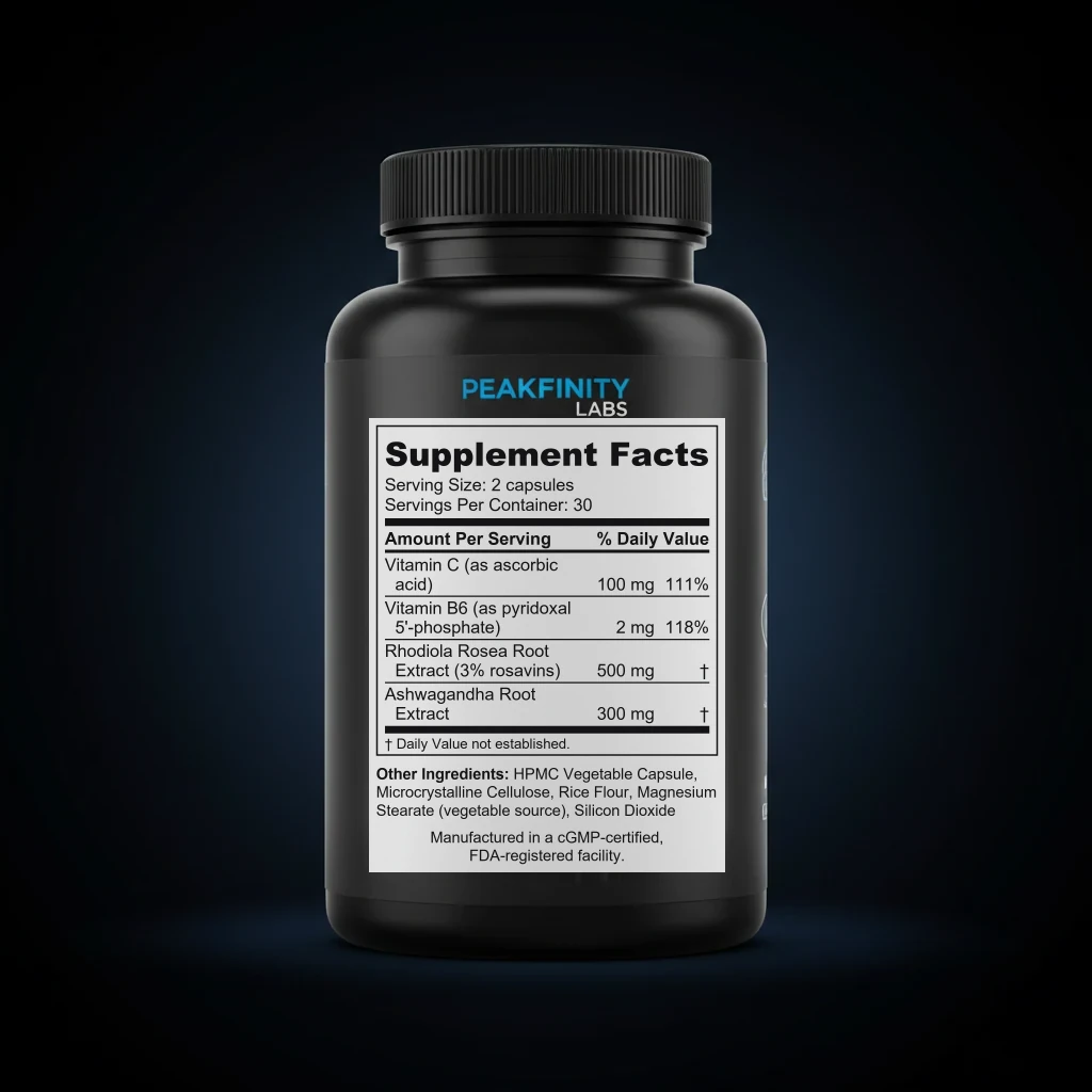 Rhodiola Rosea 500mg Stress Resilience Capsules back label and ingredient panel