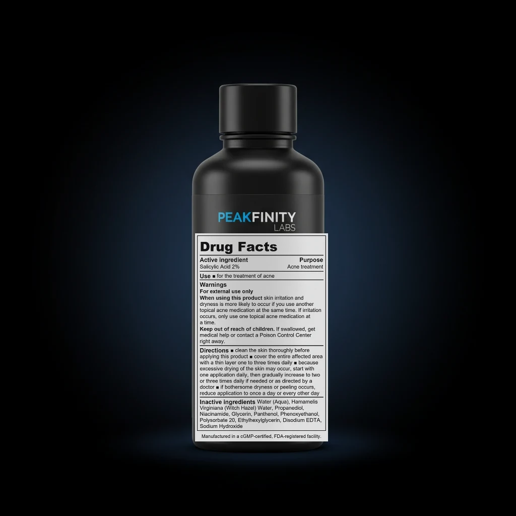 Salicylic Acid 2% Clarifying Toner back label and ingredient panel