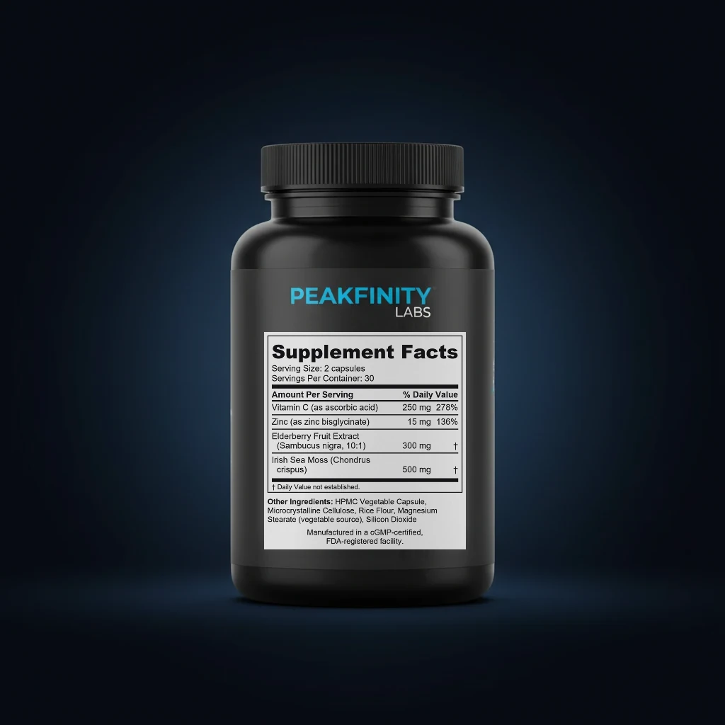 Sea Moss & Elderberry Immune Capsules back label and ingredient panel