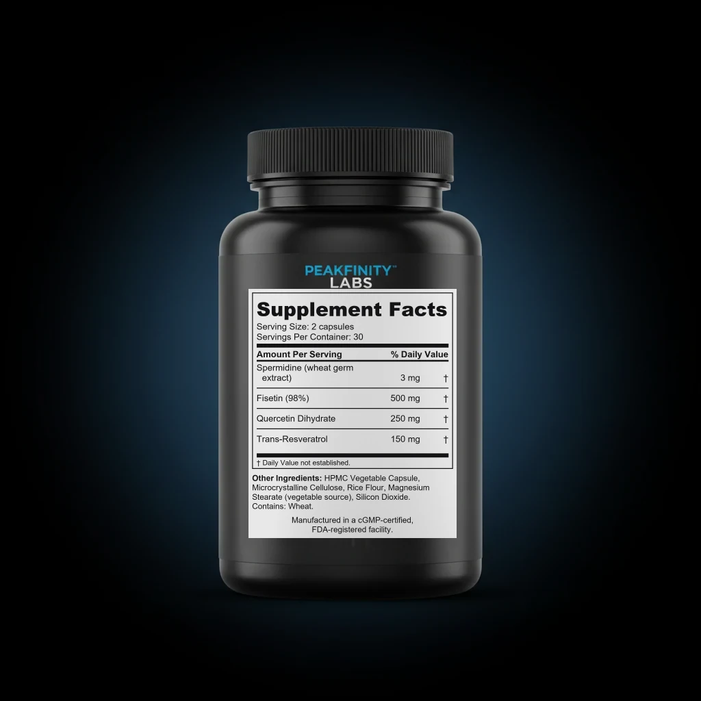 Senolytic Complex Capsules with Fisetin, Quercetin & Spermidine back label and ingredient panel