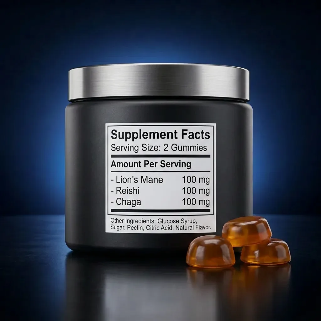7-Species Functional Mushroom Support Gummies — representative back label artwork (Supplement Facts panel)