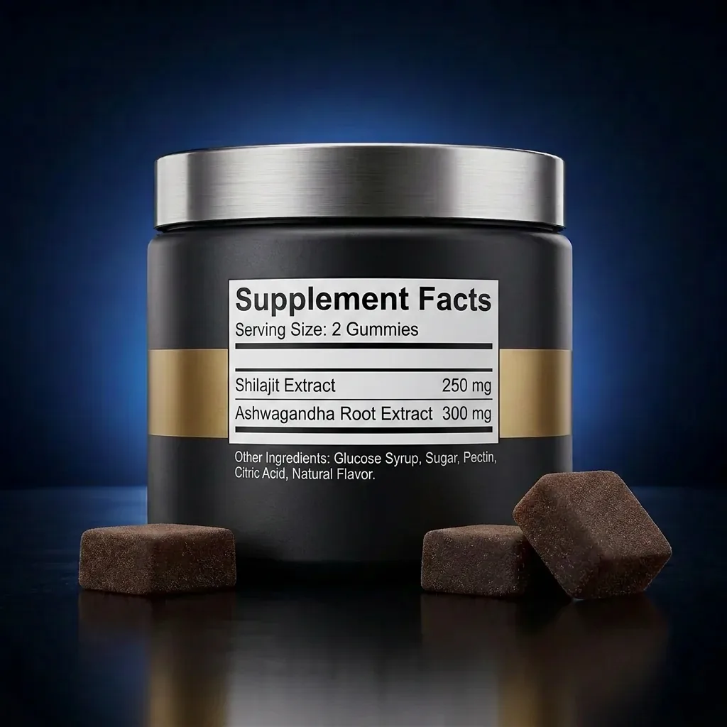 Shilajit & Ashwagandha 30:1 Adaptogen Focus Gummies — representative back label artwork (Supplement Facts panel)