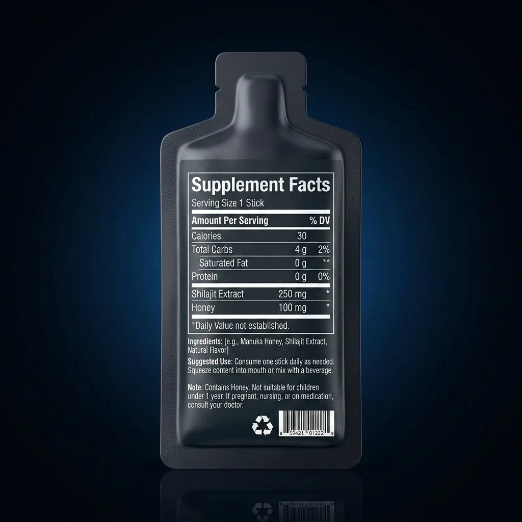 Shilajit Honey Sticks — representative back label artwork (Supplement Facts panel)