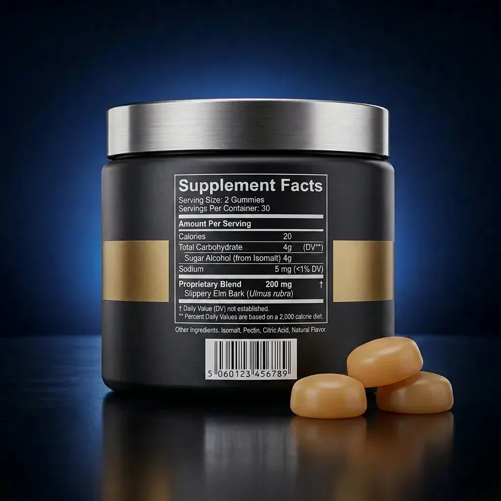 Sugar-Free Slippery Elm Bark Soothing Gummies — representative back label artwork (Supplement Facts panel)