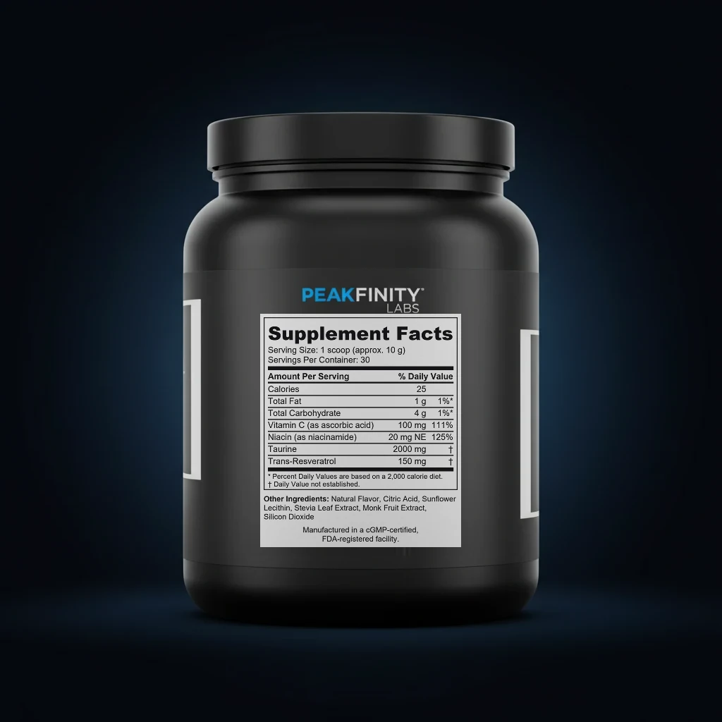 Taurine 2000mg Daily Longevity Powder back label and ingredient panel