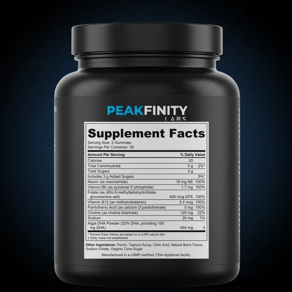 Teen Focus & Study Gummies with Omega-3 & B Vitamins back label and ingredient panel