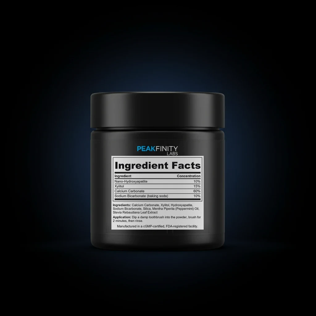 Teeth Whitening Powder with Nano Hydroxyapatite back label and ingredient panel