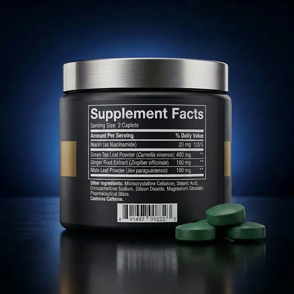 Thermogenic Support Tablets with Green Tea & Mate Leaf — representative back label artwork (Supplement Facts panel)