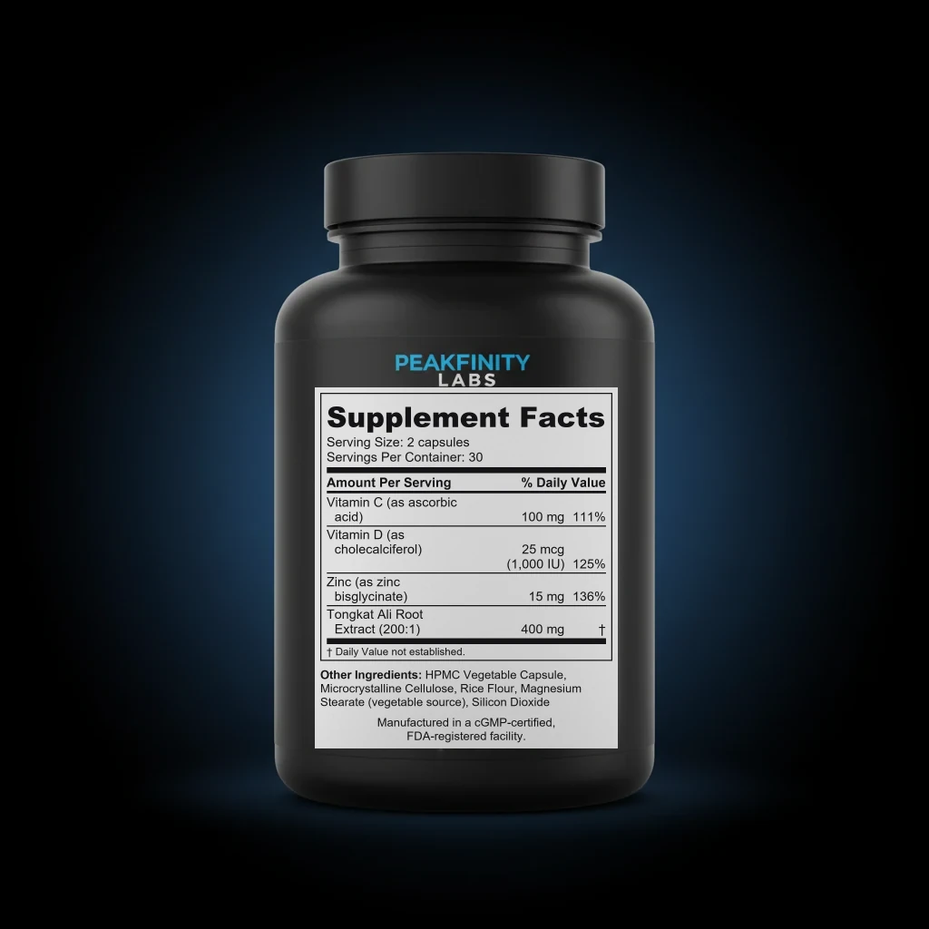 Tongkat Ali 200:1 Extract 400mg Capsules back label and ingredient panel