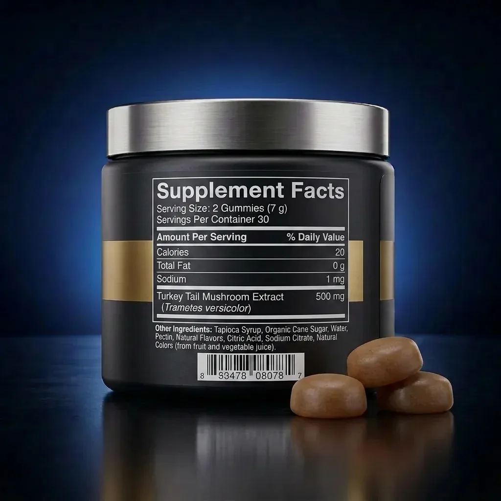 Functional Turkey Tail Mushroom Gummies for Focus & Immunity — representative back label artwork (Supplement Facts panel)