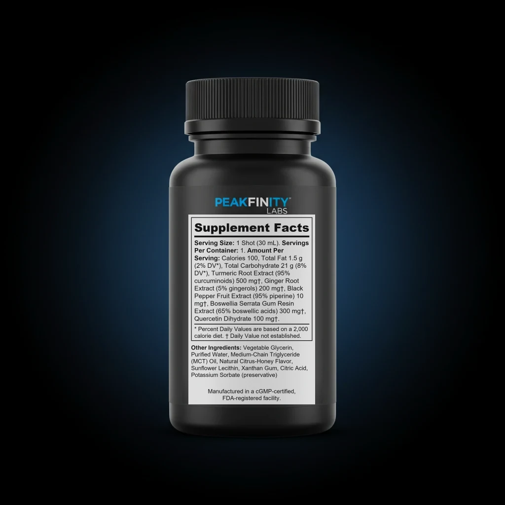 Turmeric Curcumin Liquid Shot with Ginger & Black Pepper back label and ingredient panel