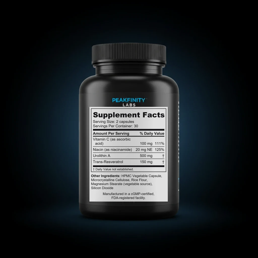 Urolithin A 500mg Mitochondrial Capsules back label and ingredient panel