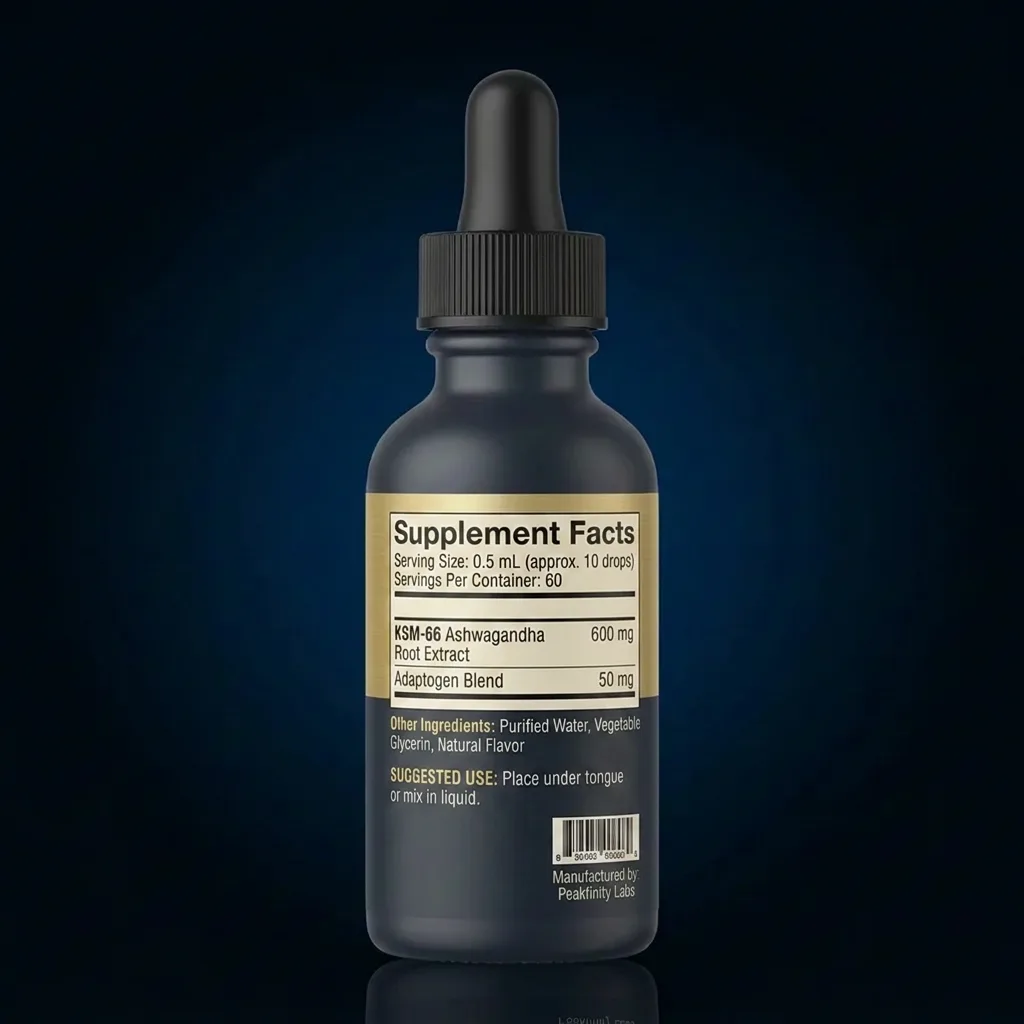 Vegan KSM-66 Ashwagandha Liquid Drops for Stress & Focus — representative back label artwork (Supplement Facts panel)