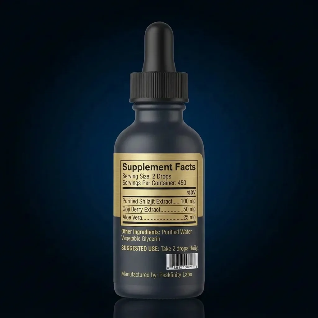 Vegan Micronutrient Liquid Drops with Purified Shilajit & Goji Berry — representative back label artwork (Supplement Facts panel)