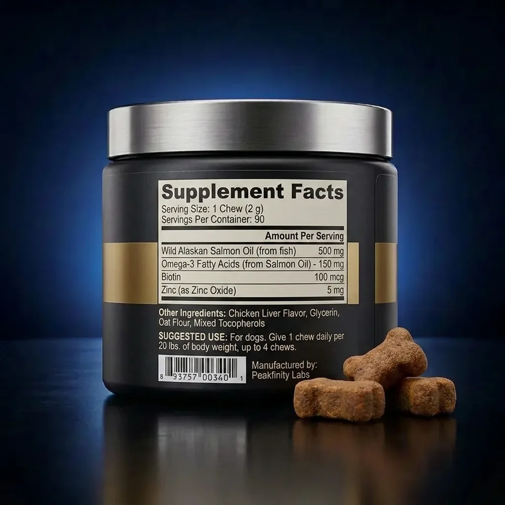 Wild Alaskan Salmon Oil Skin & Coat Chews for Dogs — representative back label artwork (Supplement Facts panel)