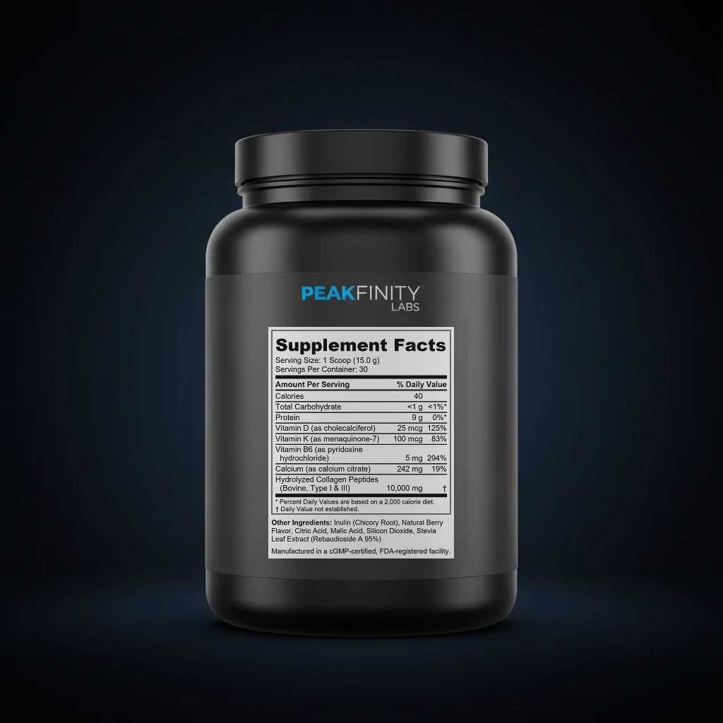 Women's 40+ Bone & Collagen Powder with Calcium & Vitamin K2 back label and ingredient panel