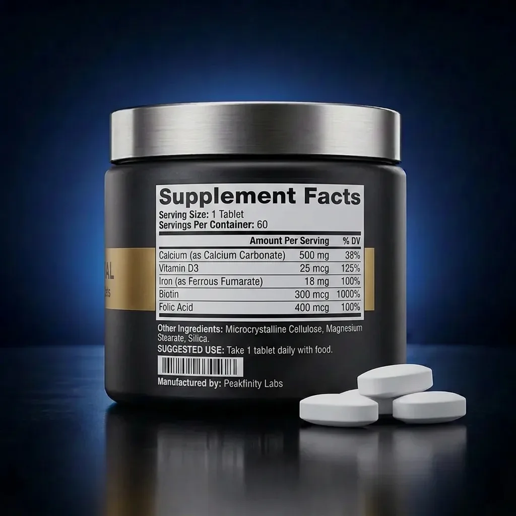 Women’s Essential Multivitamin & Bone Support Tablets — representative back label artwork (Supplement Facts panel)