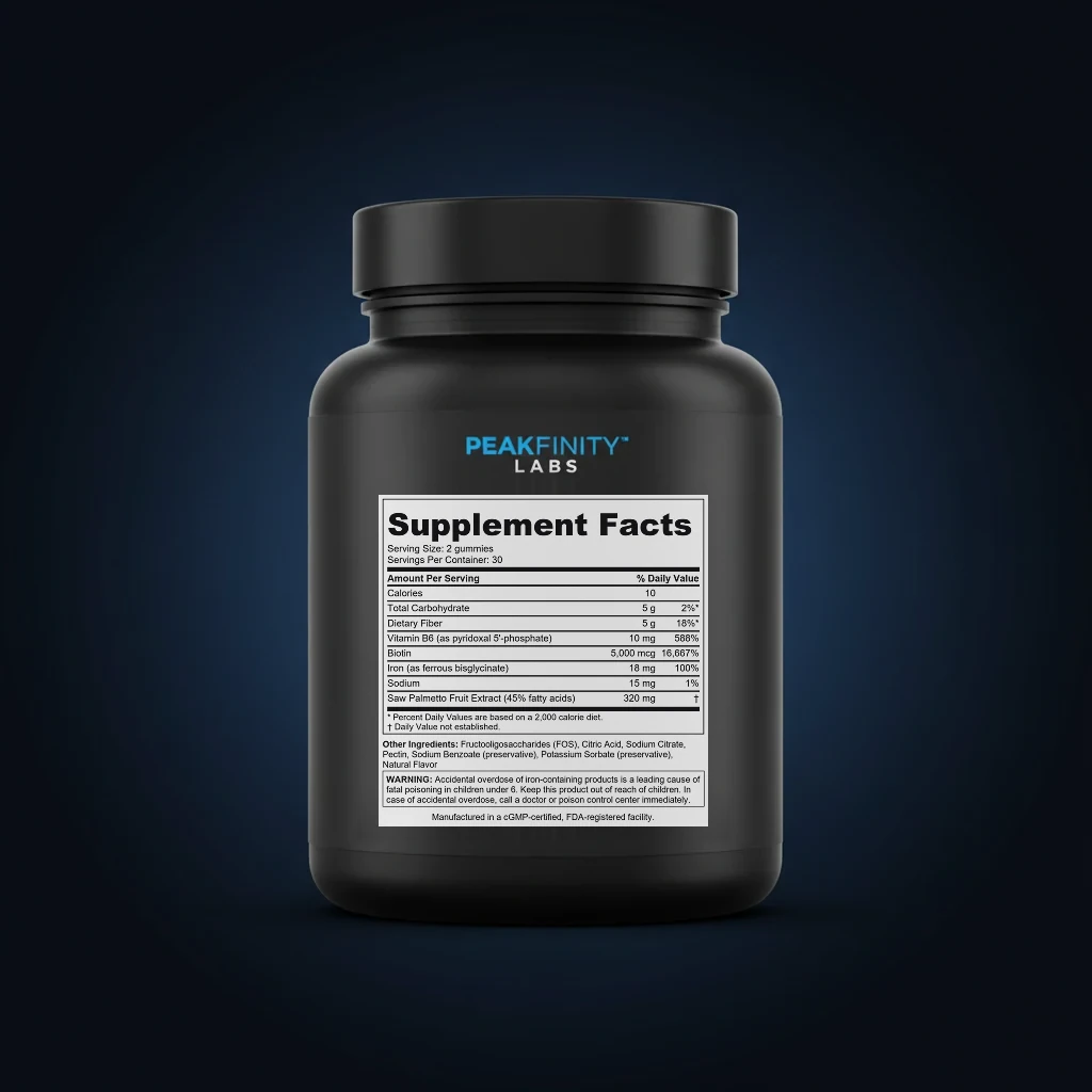 Women's Hair Growth Gummies with Saw Palmetto, Biotin & Iron back label and ingredient panel