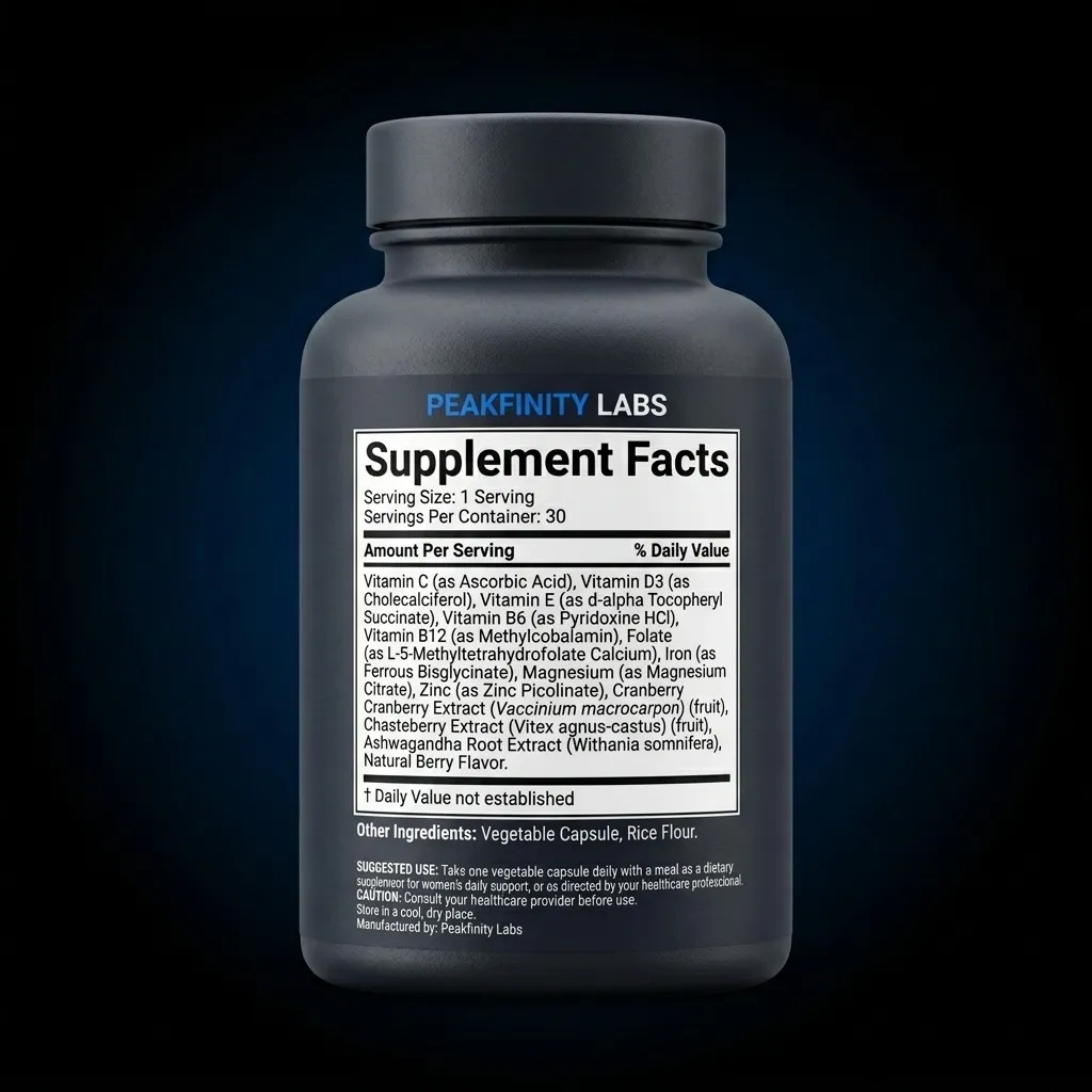 Women's Daily Support Multivitamin with Herbs - Berry Flavor — representative back label artwork (Supplement Facts panel)