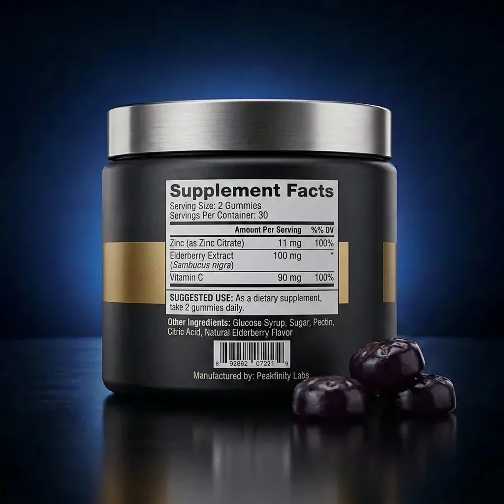 Zinc & Elderberry Defense Gummies for Immune Support — representative back label artwork (Supplement Facts panel)