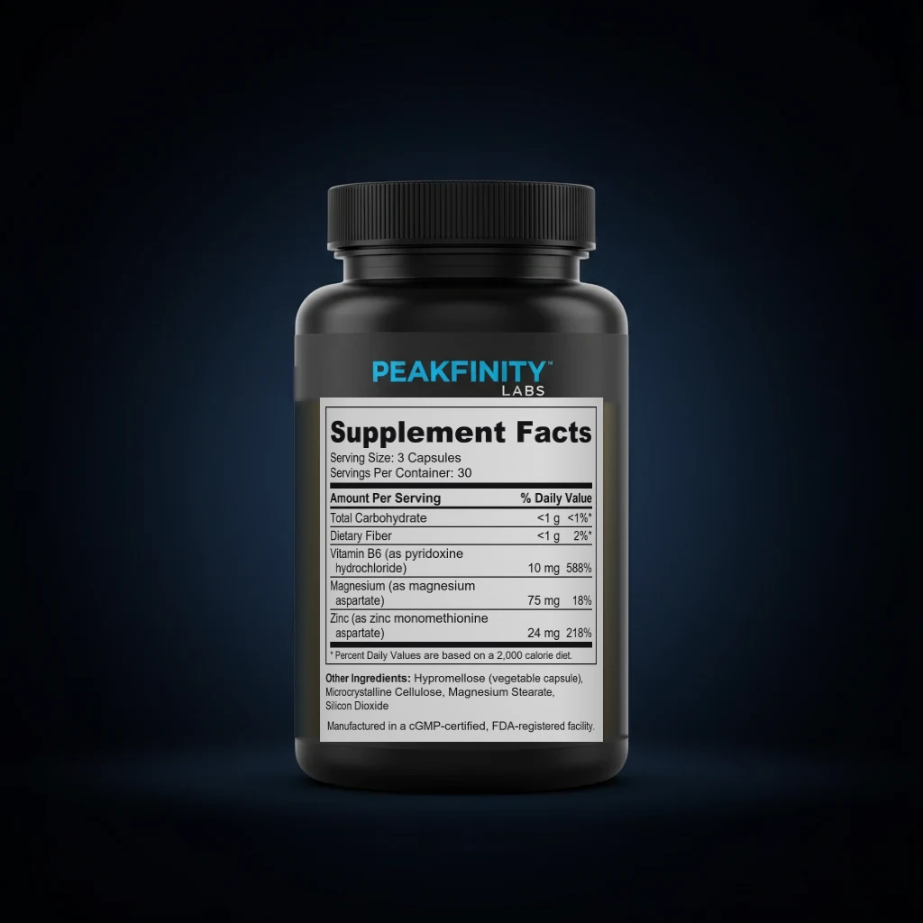 ZMA Zinc, Magnesium & B6 Nighttime Recovery Capsules back label and ingredient panel